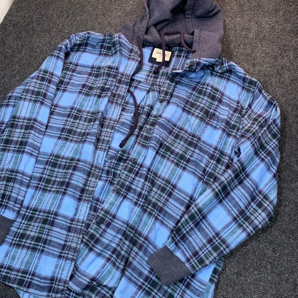 American Eagle Hooded Flannel Shirt L Blue Plaid Grunge Oversized Soft Layering